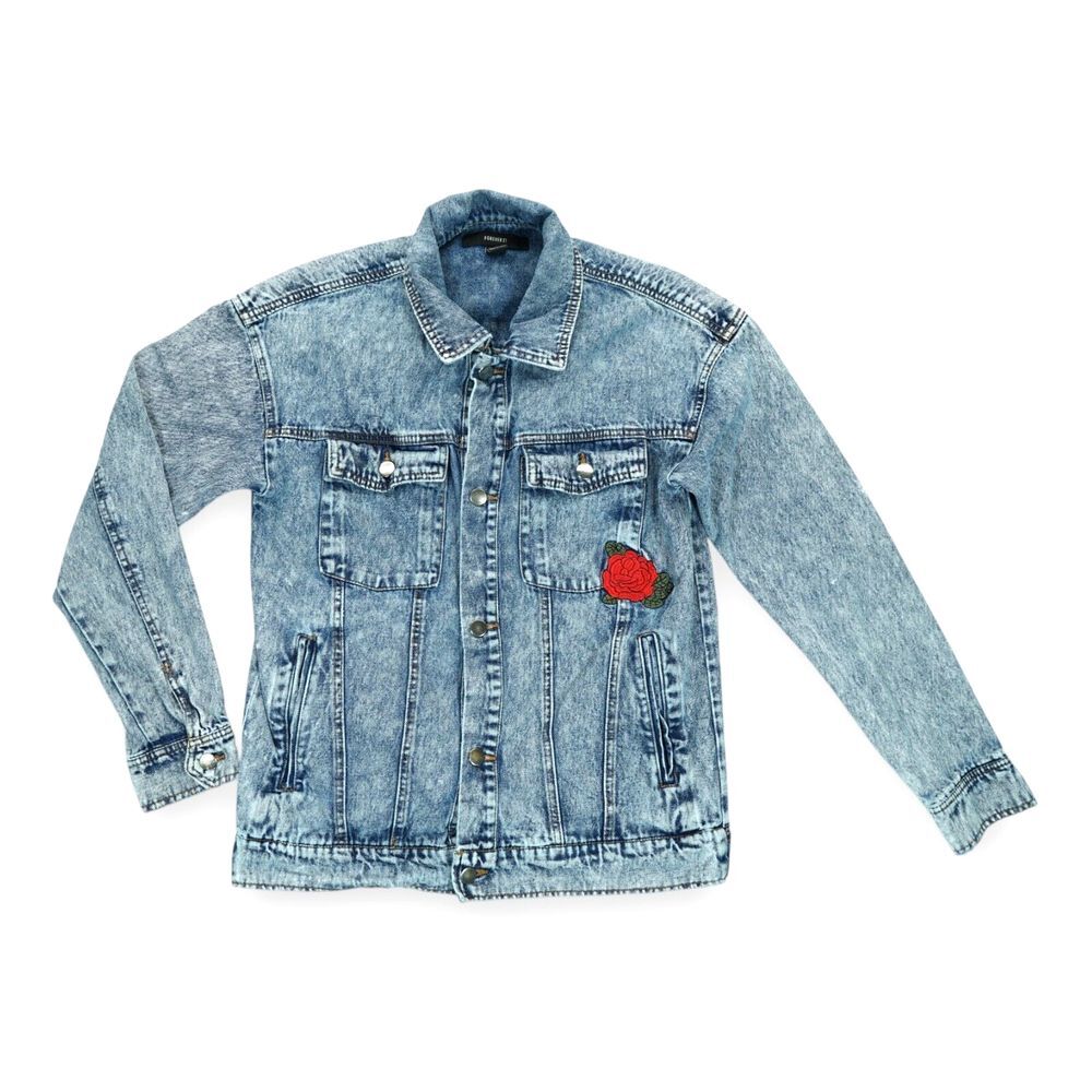 Forever 21 Women Denim Jean‎ Jacket Size Small Embroidery Long Sleeve Pockets
